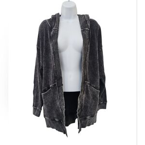 NWT Mono B Womens Black Hoodie Waffle Knit Jacket Size M Open Front Bohemian